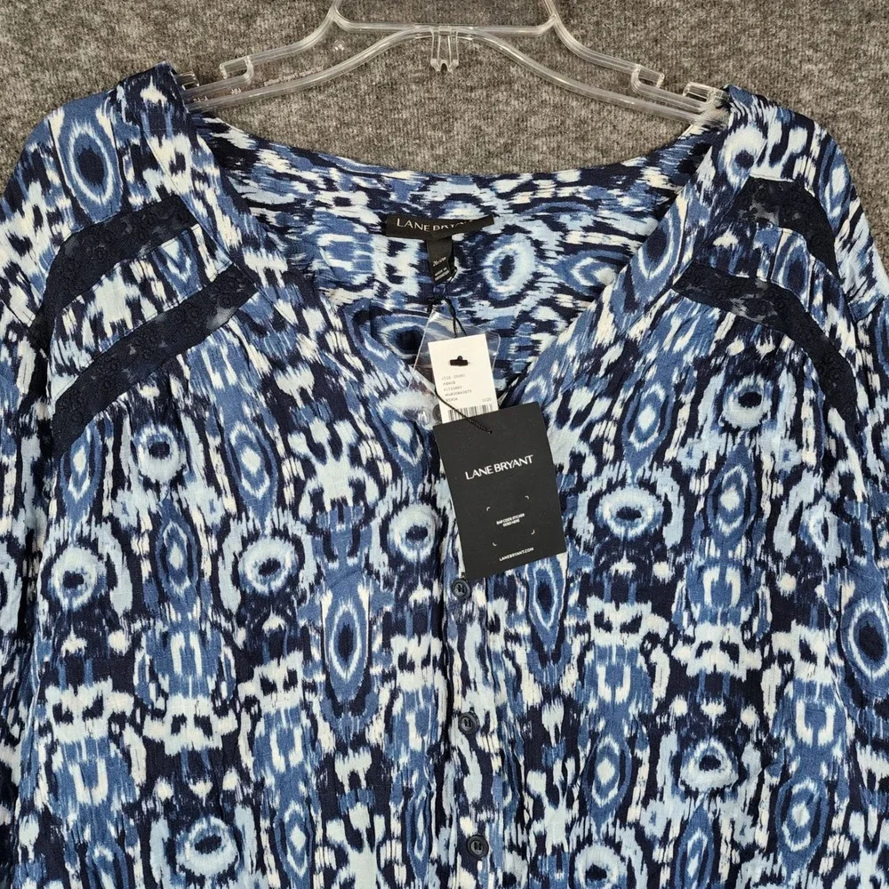Lane Bryant Blouse Women Size 26/28 Blue Ikat Lace Accent Balloon Sleeve NWT